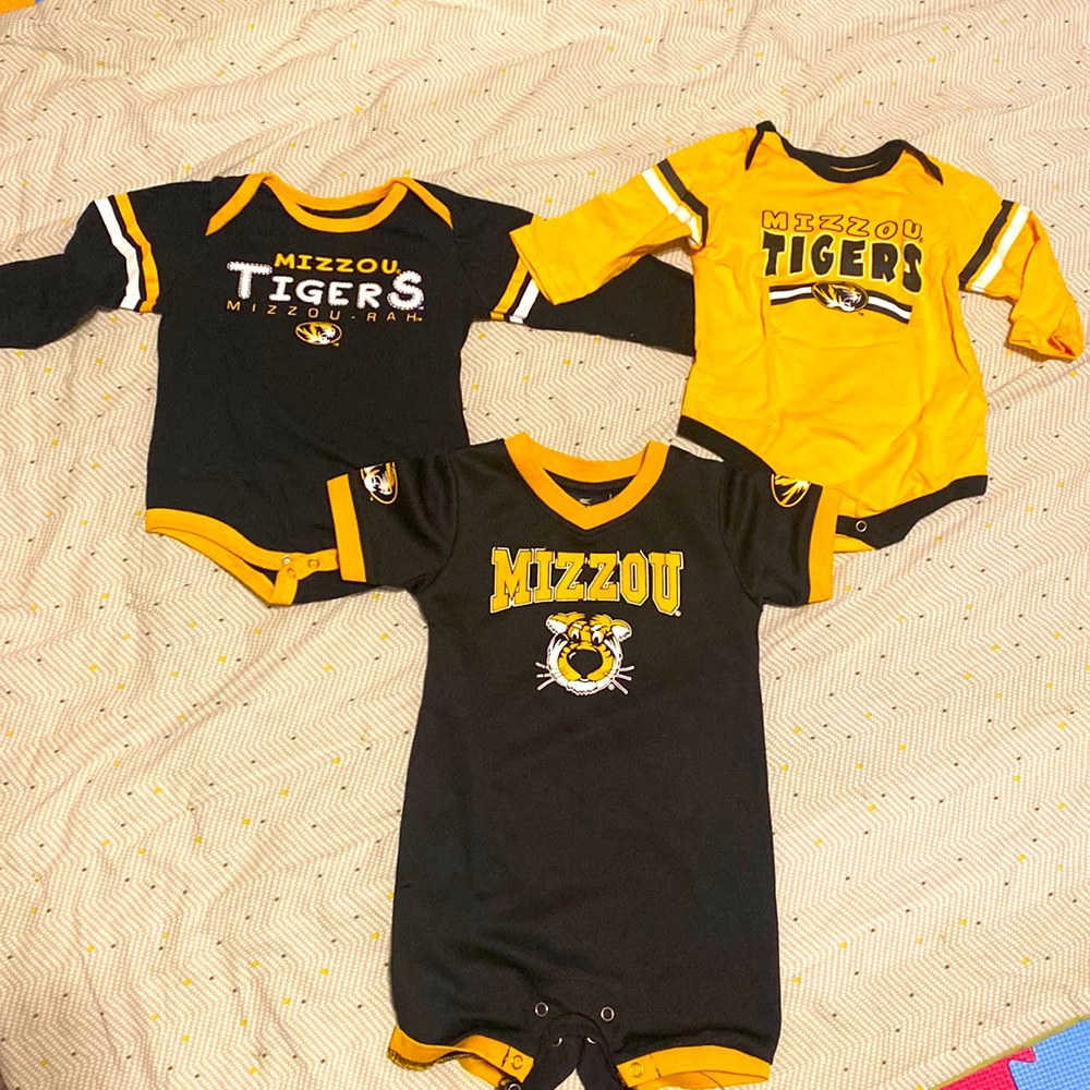 3-6 month Mizzou long sleeve onesies and a short sleeve jumper